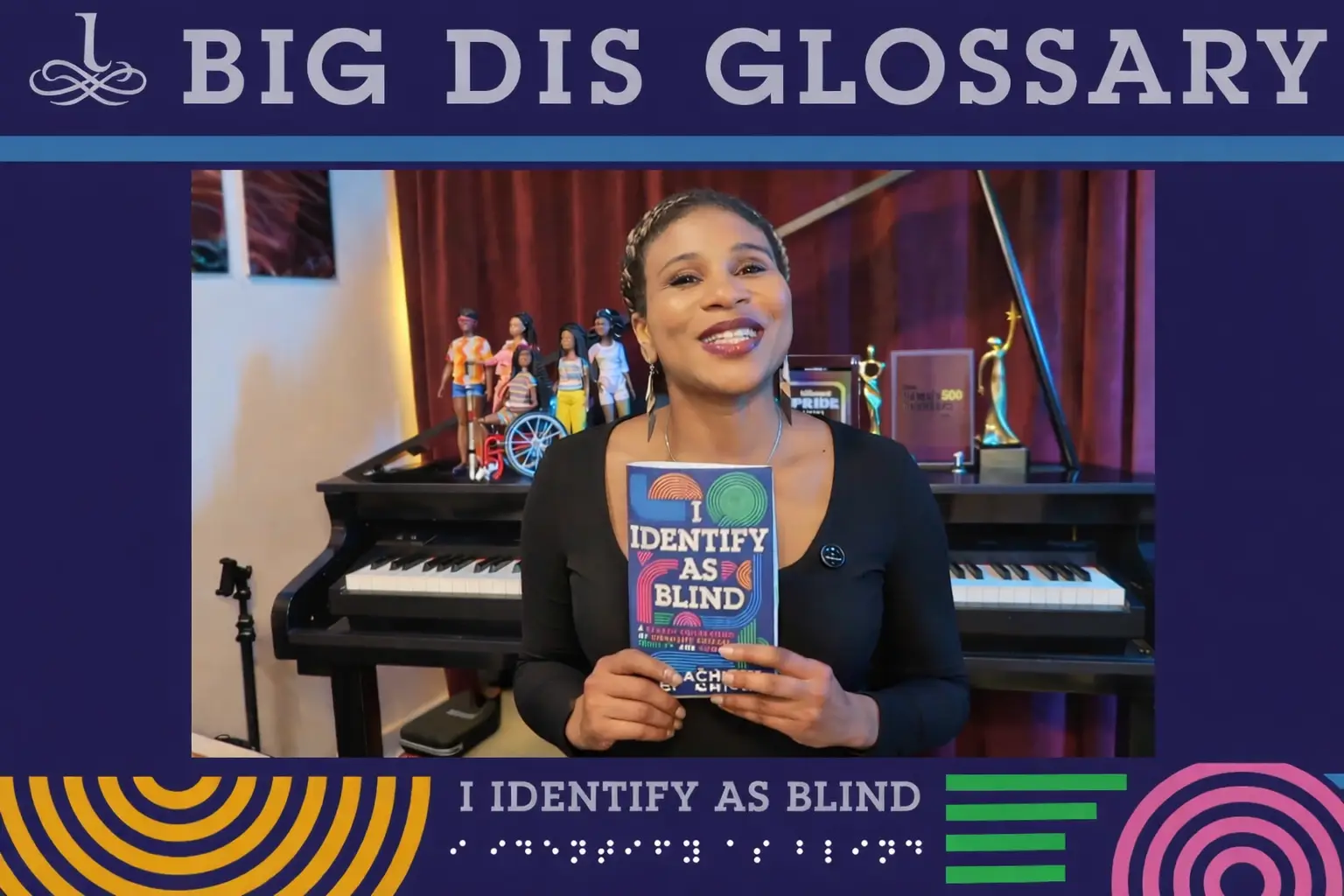 Lachi smiling and holding her book titled, I Identify as Blind